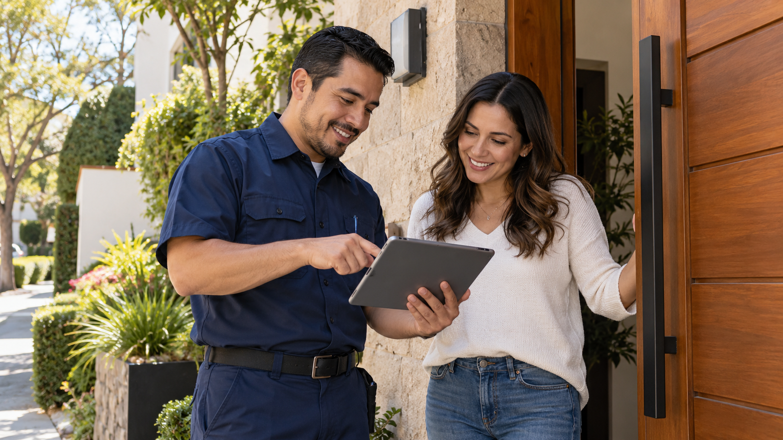 Técnico explicando el servicio a una clienta con una tablet